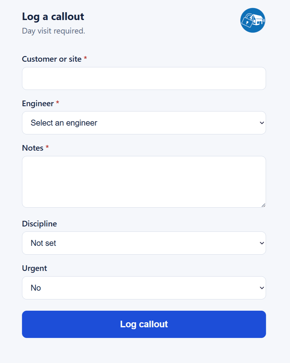 The form engineers use to log an out-of-hours callout, with fields for site, engineer, notes, discipline and urgency