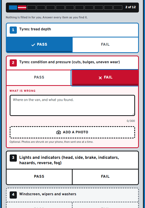 The same check with one item passed and one failed, the failed item showing a required description box and a button to add a photo